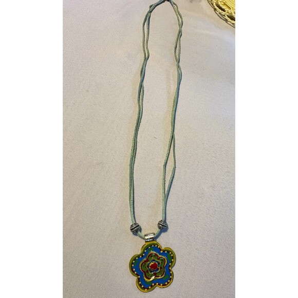 Colorful Enamel Flower Pendant Necklace on Green Cord Boho Retro Festival Jewelr - Picture 2 of 9
